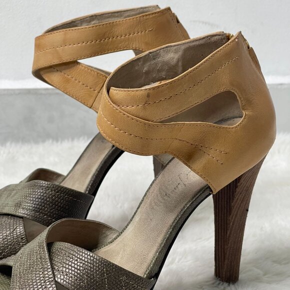 Elizabeth & James Women's Tan Green High Heel Sandal Leather Shoes Size 7.5 - Picture 7 of 14